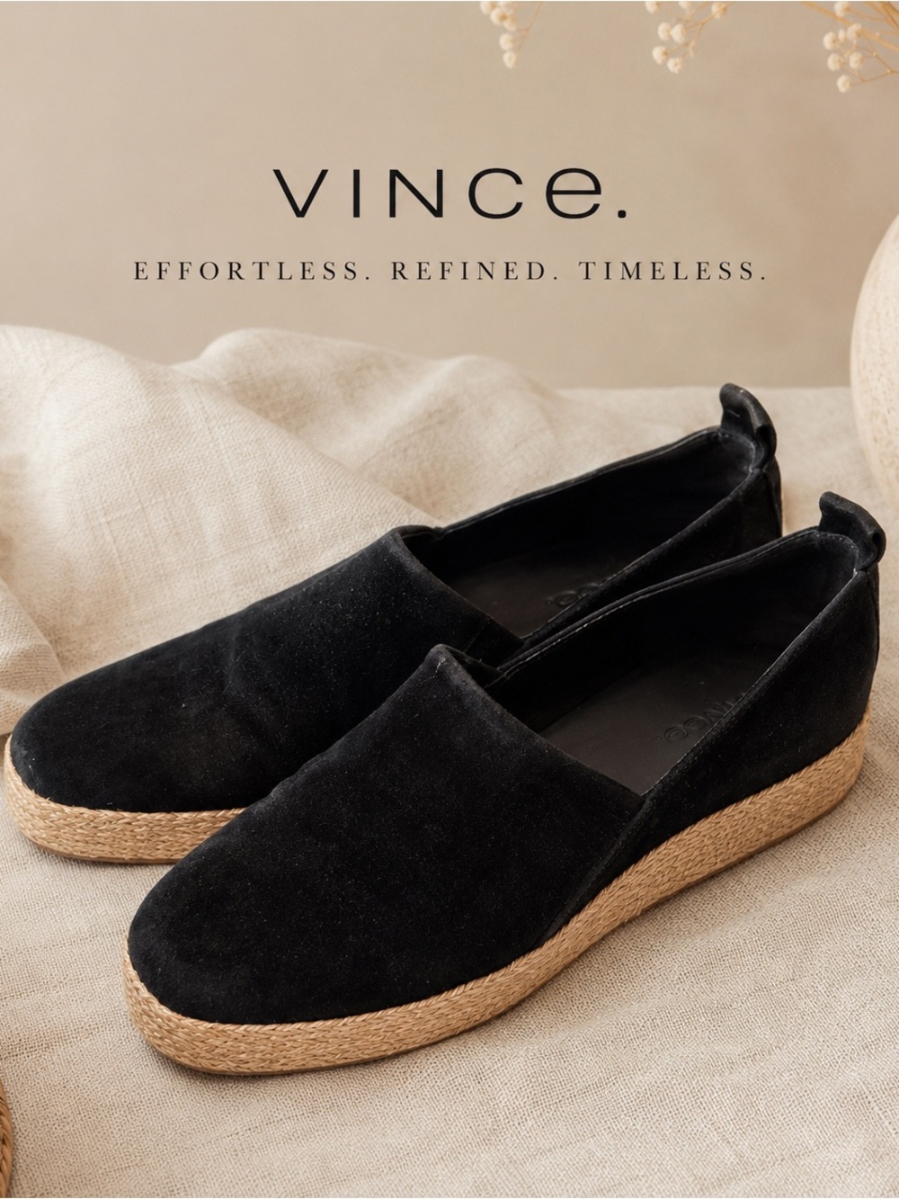 Vince Black Suede Espadrille Platform Slip-Ons with Jute Sole